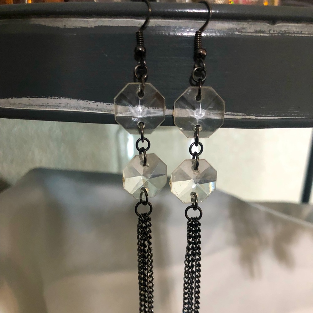 Statement Long Dangle White Beaded & Chain Earrin… - image 1